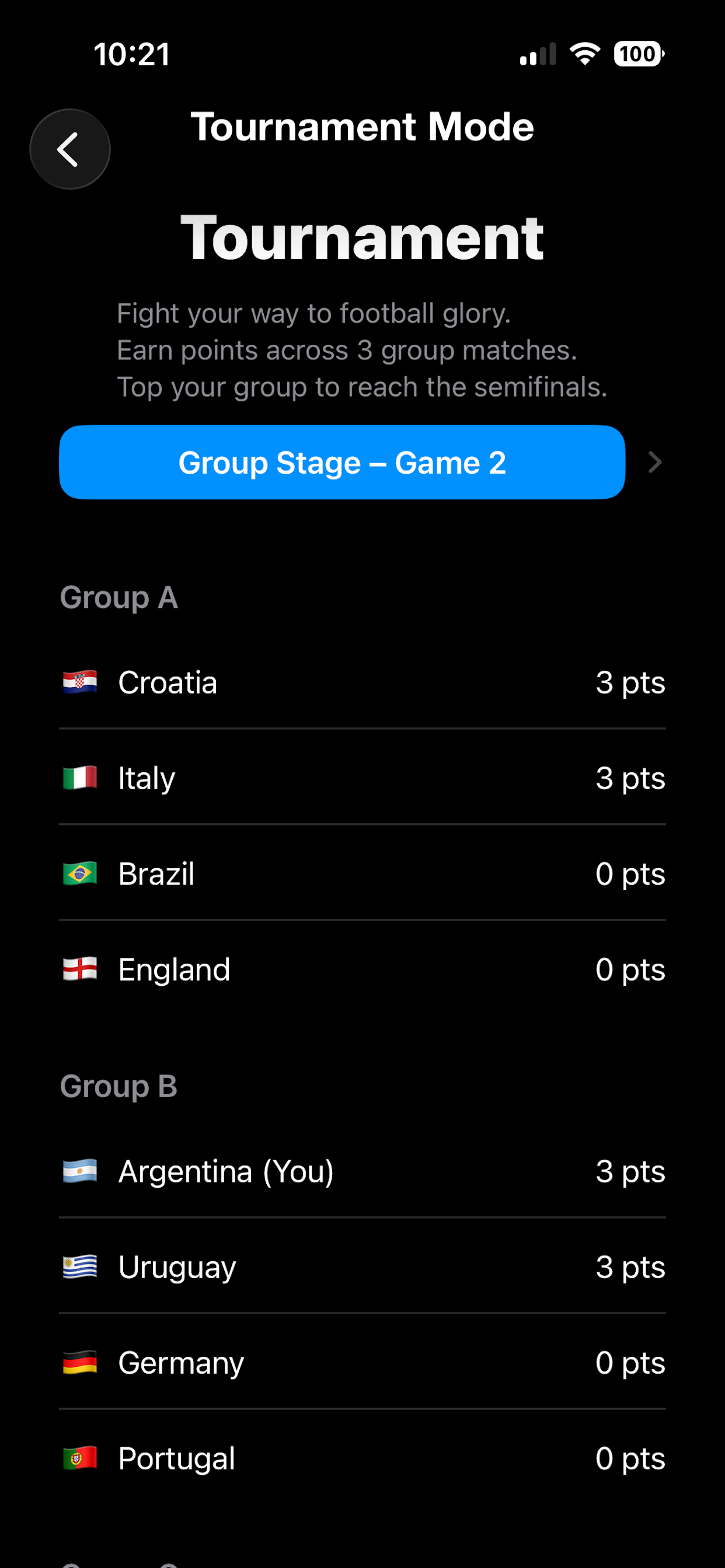 Tournament standings and group table